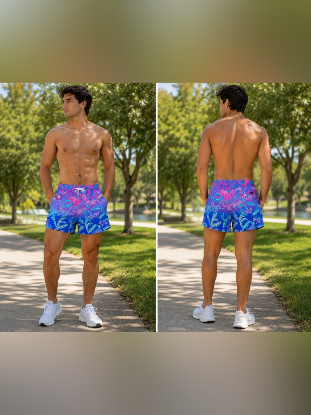 chubbies Blue and Pink Palm-Print Swim Trunks